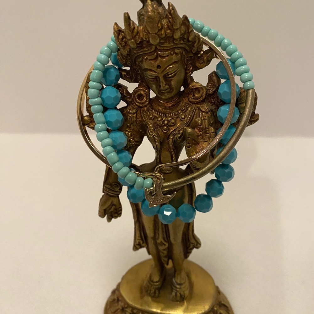 Turquoise Beaded Bracelets. Gold Bangle. Bar with Beads/Swallow.
